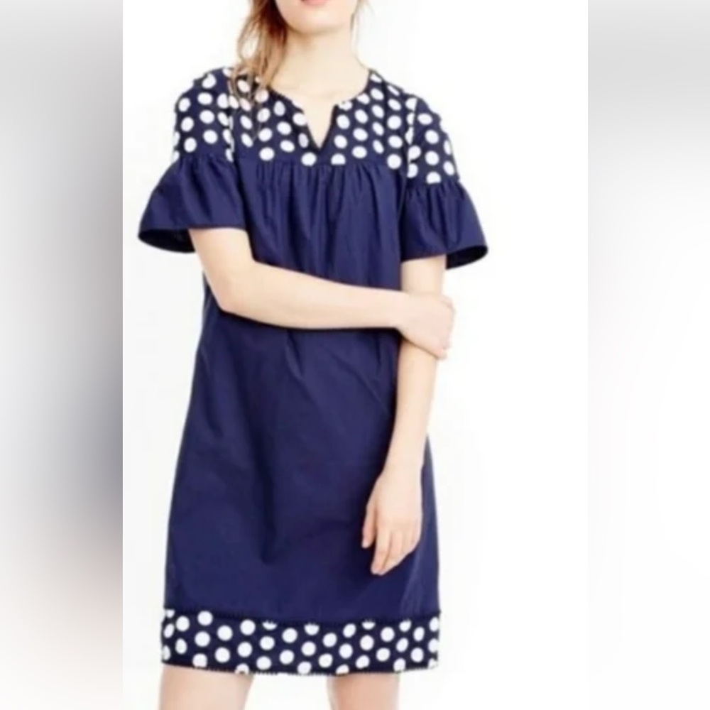 J Crew Navy/White shift dress w/polka dots/fringe. Bell sleeves /2. Beach vibe